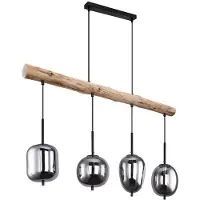 Globo Hanglamp houten lamp 4 vlammen glazen kap rookkleurige hanglamp hanglamp woonkamer, metaal glas, zwart naturel, 4x E14 fitting, LxBxH 100x18,5x130 cm