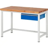 RAU Werkbank serie 8000, vast, met hangende schuiflade, B 1250 x D 700 x H 840 – 1040 mm