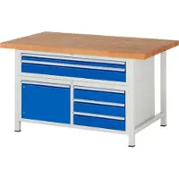 RAU Werkbank serie 8922, 5 schuifladen, 2 legborden met deur, in hoogte verstelbaar, B 1500 x D 700 x H