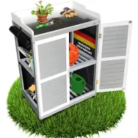 Coemo Lola Grijze Tuinkast 67x46x98 cm – Weerbestendige plantentafel met opbergruimte, gereedschapskast met gegalvaniseerd werkblad, oprolbare zijkanten | 1 plank, flexibele kast voor tuin, balkon en terras