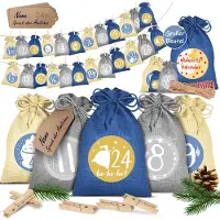 Kesser Adventskalender om zelf te vullen 24 Jute Zakjes Bedrukte Stoffen Kerst Zakjes Incl. 24x Labels + 1 Grote Stoffen Opbergzak Advent Kalender -Blauw / 14 cm x 10 cm
