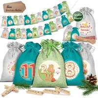 Kesser Adventskalender om zelf te vullen 24 Jute Zakjes Bedrukte Stoffen Kerst Zakjes Incl. 24x Labels + 1 Grote Stoffen Opbergzak Advent Kalender - Groen / Gekleurd - 16cm x 12cm