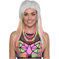 Metamorph Witte langharige pruik met neonkleurige strengen
