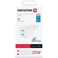 Swissten USB-C Snellader - 2 USB-C Poorten - GaN technologie - 20W - Wit