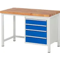 RAU Werkbank serie 8162, in hoogte verstelbaar, 4 schuifladen, B 1250 x D 700 x H 840 - 1040 mm