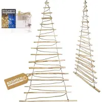 BOGATECO Handgemaakte kerstboom 205 cm hoog, gemaakt van hazelnoothout | Decoratieve hanger | met 10 m LED-verlichting | Houten panelen verbonden met een jute touw met een dikte van 6 mm