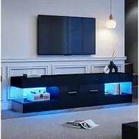 OKWISH Tv-Meubel - Met Ledverlichting En 2 Lades - Voor Woonkamer - Hoogglans Zwart Met Acryl - 152 x 35 x 40 cm