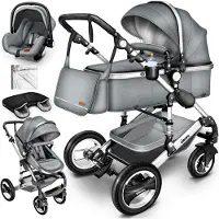 Kiduku KIDUKU- 3 in 1 combi-kinderwagen- grijs/zilver- buggy incl. autostoeltje-regenhoes- inklapbaar