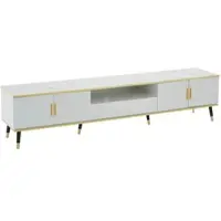 OKWISH TV-kast - TV-meubel Wit met Marmor-Design, 3 Schubladen en Kabeldoorvoer - Geschikt voor televisies tot 90 inch - Voor woonkamer en eetkamer - 200x40x46 cm - Spaanplaat - Wit