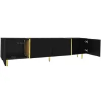 OKWISH TV-Kast – Modern – 4 Deuren – Zwarte Hoogglans Met Gouden Accenten – Soft-Close Scharnieren – MDF Zwart – 170x35x46 cm – Geschikt Voor 55-75 Inch TV