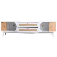 OKWISH TV Meubel - TV-Kast met Rattandetails en Schuifdeuren - Stijlvol Opbergmeubel voor de Woonkamer - 170x39,5x46 cm - Massief Hout - Wit