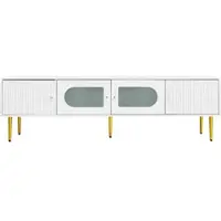 OKWISH Tv Meubel - 4 Deuren Met Ribbels En Boogglas - Kabeldoorvoer - Geluidloze Scharnieren - Spaanplaat Wit Goud - 170×35×50 Cm
