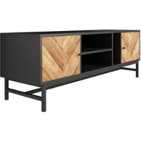 OKWISH Tv Meubel - Zwart En Houtlook Contrast - 150x38x55 Cm - 2 Kastjes En Open Vakken - Opgeruimd Woonkamer