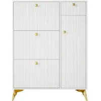 OKWISH Schoenenkast - 3 Kleppen 1 Lade 1 Deur - Smal Voor Hal - Verstelbare Planken - Wit Hout Metaal - 121x90x25 cm