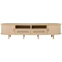 MODFU – Tv-Meubel met 2 Laden en 2 Schuifdeuren – Ovaal Vintage Ontwerp – Rattan Accenten & Reliëf – Licht Eiken – MDF – 170x40x40 cm – Voor Woonkamer