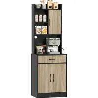 HOMCOM Kitchen Cupboard Spaanplaat 60L x 40B x 180H cm Natuurlijk hout+Zwart