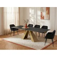 Vente-unique Verlengbare eettafel 6 tot 10 personen van gehard glas, keramiek en metaal - Zwart marmereffect en goud - LOZIPA van Maison Céphy