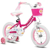 Hiland 12-inch meisjesfiets met mandje en linten, voorrem met V-brakes en achterrem met pedaalrem, stabilisatorwielen, roze