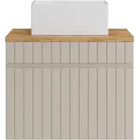 Vente-unique Zwevend gestreept beige badkamermeubel met opzetwastafel vierkant - 60 cm - SATARA