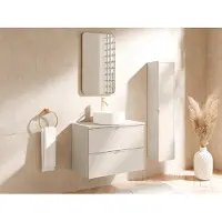 Vente-unique Zwevend badkamermeubel met ronde opzetwastafel en kolomkast - Beige - 80 cm - ONDIL
