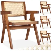 TecTake Houten Stoel Lizzy met Armleuning - Donker Eiken - Set van 4 Eetkamerstoelen met Weens Vlechtwerk - Boho-Stijl Stoel met Rugleuning - Massief Houten Frame - Belastbaarheid 120 kg