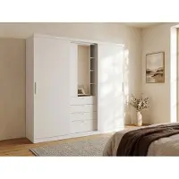 Vente-unique Kledingkast BODIL - Schuifdeuren - Spiegel en lades - L 240 cm - Wit