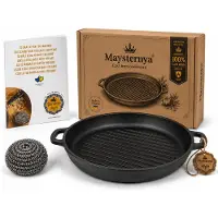 Maysternya Gietijzeren Grillpan Ø34 cm – BBQ Grillplaat – Geschikt voor Buitenkeuken, BBQ & Oven – Duurzaam – Mat Zwart