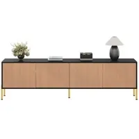 OKWISH Tv Meubel - Gestructureerde Front - 179×35×53,5 Cm - 4 Deuren En Gesloten Opbergruimte - Spaanplaat Zwart Naturel