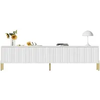 OKWISH Tv Meubel - 190x38x48 Cm - 4 Deuren 8 Vakken - Grote Opbergruimte - Geribbelde Deuren - Gouden Poten - MDF Wit