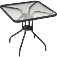 MODFU Tuintafel 76x76 cm – Vierkant met bedruppeld gehard glas – Inclusief parasolgat – Zwart metalen onderstel – Weerbestendige buiten tafel voor terras, tuin en balkon
