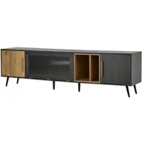 OKWISH TV-Meubel – 4 Deuren – Klapdeur Glas – Open Vak – Kabeldoorvoer – Grijs+Bruin Houtnerf Stijl – MDF – 200x40x55.5 cm – Geschikt Voor 90 Inch TV