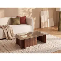 Skye Decor salontafel van hout en glas, notenhoutkleur - Moderne salontafel, bijzettafel en salontafel met glazen blad - 100% gehard glas