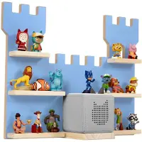 TecTake Wandrek MyLittleStory Fortress - Wandplank - Speelgoedkast - Speelgoedrek voor 28 Tonies - Toniebox figuren - Massief hout met Magneetstrepen - Letterbak Hout - Display - Kasteelvorm - Blauw
