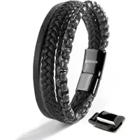 SERASAR | Leren armband voor heren [Hero] met dubbele roestvrijstalen en magnetische sluiting | Kleur: Zwart | Lengte: 17