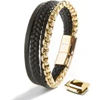 SERASAR | Leren armband voor heren [Hero] met dubbele roestvrijstalen en magnetische sluiting | Kleur: Goud | Lengte: 20