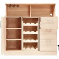 OKWISH Dressoir - Met Ledverlichting En Stopcontact - Wijnrek En Glashouder - Keuken Of Thuisbar - MDF Naturel Wit - 120x40x121 cm