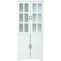 OKWISH Hoge kast met 5 planken, vitrine met 2 glazen deuren en 2 massieve deuren, opbergkast met veel opbergruimte, geschikt voor kantoor en woonkamer, wit