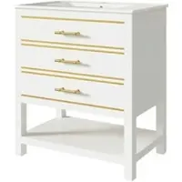 OKWISH Wastafelmeubel – Geïntegreerde Keramiek Wastafel – 66 cm Breed – 2 Lades + Open Vak – U-vormige Uitsparing Voor Leidingen – MDF Wit+Goud – Waterbestendig