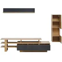 STILVORA Tv Meubel Set - Met Led, Vitrinekast En Wandplank - Voor Woonkamer - MDF En Acryl - 180x40x45 Cm - Natuurlijk;Zwart