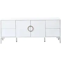 OKWISH Dressoir Sideboard Hoogglans Met 4 Lades En 2 Deuren Voor Woonkamer Eetkamer Hal MDF Wit Met Metalen Poten 150×38×59,5 Cm