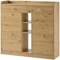 OKWISH Schoenenkast - 110x26x100 Cm - 4 Kleppen 2 Laden 3 Open Vakken - Voor Hal En Entree - Spaanplaat Naturel