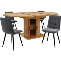 OKWISH Eettafelset 118-158 x 118 x 76 cm - Uitschuifbare Tafel Met 4 Stoelen - Ruimtebesparend - MDF En Linnen - Zwartbruin