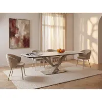 Vente-unique Verlengbare eettafel 6 tot 10 plaatsen van keramiek en metaal - Wit en beige marmereffect - MALATA - Van Pascal Morabito
