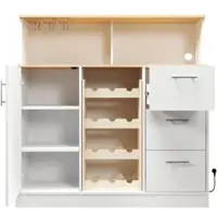 OKWISH Dressoir Met Wijnrek En Verlichting – 120x40x121 Cm – 1 Deur 3 Lades 2 Open Vakken – Met Stopcontact – MDF Wit Naturel
