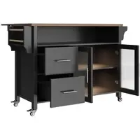 OKWISH Keukeneiland Op Wielen - Uitklapbaar Werkblad En Eettafel - Met Led En Glazen Vitrinedeur - MDF Zwart - 139×40×94 Cm