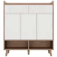 OKWISH Schoenenkast - 3 Deuren 2 Laden Open Vakken - Verstelbare Planken - Hal en Gang - Wit Natuurkleur - 90x35x100 cm