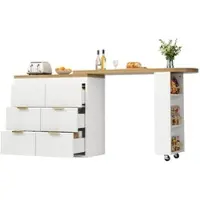 OKWISH Bartafel Met 6 Lades - Draaibaar En Uitschuifbaar - Voor Keuken En Woonkamer - MDF Wit - 128-203x39x90 Cm