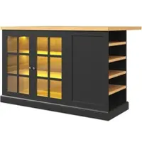 OKWISH Bartafel Keukeneiland – Inklapbaar Met Led, Wijnrek En Lade – Voor Kleine Ruimtes – MDF Zwart – 120x40-70x90 cm