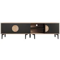 STILVORA TV-Meubel - Laag TV-Kast Met 3 Deuren En Open Vakken - Natuurhout Met Zwarte Deuren - Spaanplaat - 180x35x49 cm - Zwart+Eiken
