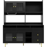 OKWISH Hoog Dressoir – Changhong Glasdeur – Ruime Opbergruimte Met Wijnglasrek En Meerdere Laden/Vakken – 145×39×171 cm – Moderne Stijl – MDF Metaal Zwart